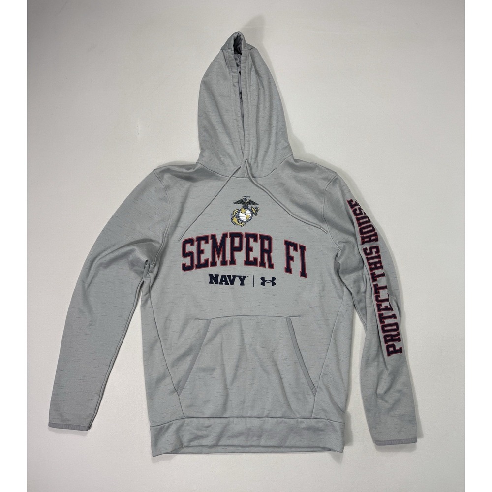 Under Armour Men Small Grey Semper Fi USMC Navy Hoodie Sweatshirt Logo Pullover